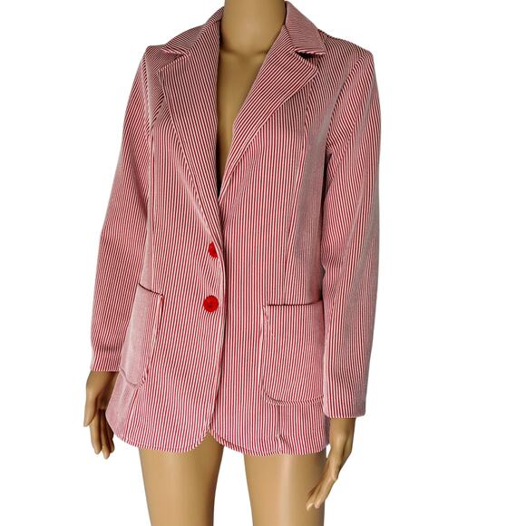 1960s Red White Striped Polyester Single Breasted blazer Size 12 Women's Vintage - Picture 2 of 9